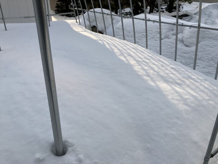 雪対策で支柱をビニールハウスに立てる